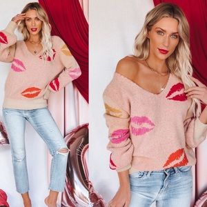 Vici Pink and Orange Lip Print Sweater